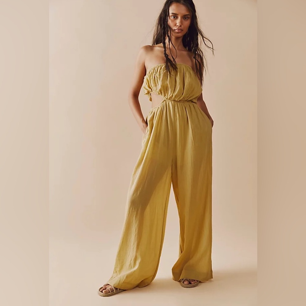 Free People Cut out for it mustard yellow gauze jumpsuit